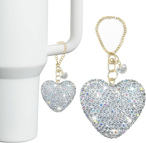 Compatible with Stanley Cup Accessories,Silver Glitter Heart Charm for Stanley Cup with Handle,Bling Cute Keychain for Water Bottles Stanley 40&30...