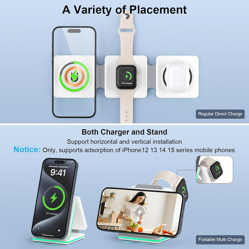 3 in 1 Wireless Charging Station for iPhone 15 Pro Max 14 13 12 Pro Max Mini,AirPods/Pro,iWatch Ultra/SE/9/8/7/6/5/4/3/2, Magnetic Foldable Charge...