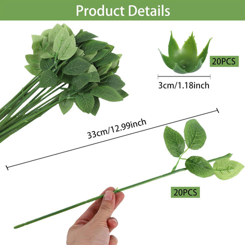 20PCS Floral Wire Stem with Leaves and 20PCS Artificial Flower Calyxes Set, for Floral Rose Arrangement, DIY Craft Bouquet Making, and Florist Sup...