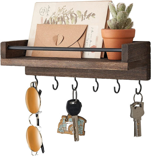 Mkono Key Holder for Wall 9.5" x 3.5" x 2.5" Small Rustic Wood Key Rack with 6 Hooks Decorative Display Keys Hanger Organizer for Entryway Living ...
