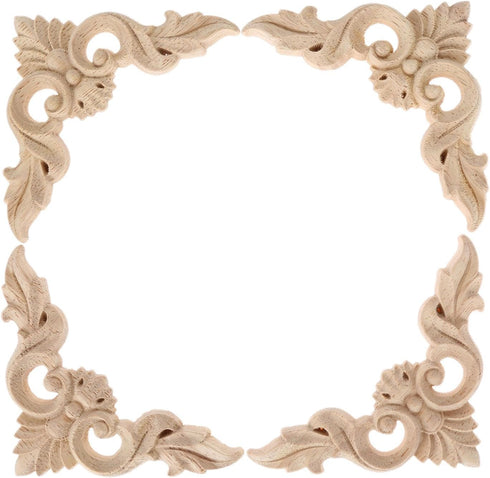 MUXSAM 4Pcs Wood Carved Appliques Onlays, Unpainted Little Wooden Corners Flower Carvings Decals for Mirrors Cabinets Walls Doors Chests Dressers ...