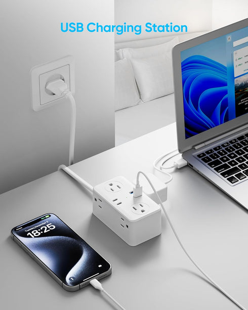 European Travel Plug Adapter, EU/UK/US Travel Plug Adapter Power Strip, 6 AC Outlets, 4 USB Ports (2 USB C), 3ft Wrapped Around Extension Cord, Co...