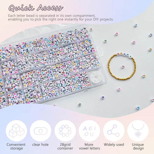 Amaney 1400 Pieces 4x7mm Alphabet Beads White Round Acrylic Colorful Letter Beads A-Z Heart Pattern Beads and Crystal Line for Jewelry Making Brac...
