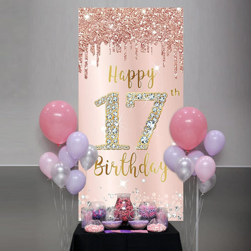 Happy 17th Birthday Door Banner Decorations for Girls, Pink Rose Gold 17 Birthday Door Cover Backdrop Party Supplies, Large Seventeen Year Old Bir...