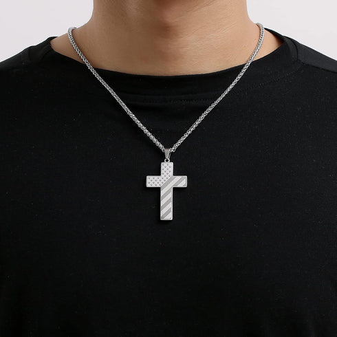 DuoDiner 18+2 Inch Cross Necklace Bible Verse Stainless Steel American Flag Pendant Chain for Men Jewelry Gift...