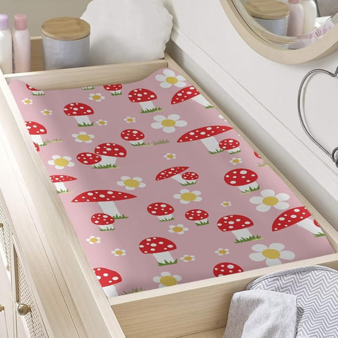 Mushroom Changing Pad Cover Waterproof Stretchy Baby Changing Table Cover Comfy Cozy Universal Tray Table Mat Fit 32"x16" Contoured Pad...