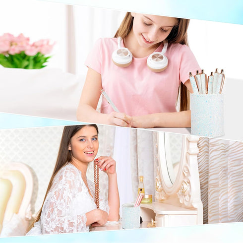 Bling Sequin Pen Holder with 6 Pcs Sequin Click Pens Cute Sequin Glitter Retractable Ballpoint Pens, Pencil Cups for Desk Organizer Makeup Brush H...