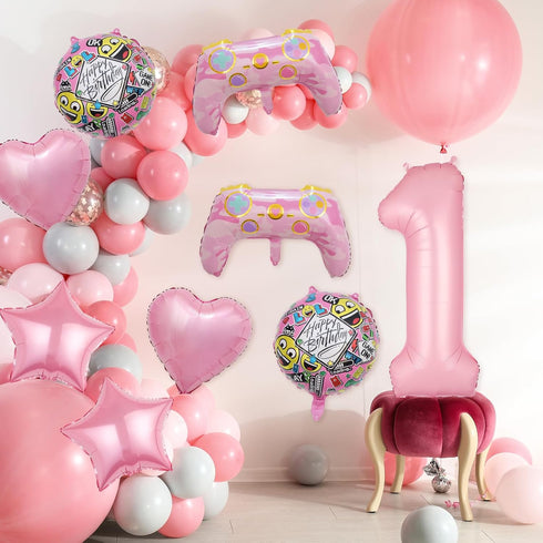 Pink Video Game Balloons, Video Game Controller Birthday Number Mylar Foil Balloon, Level Up Balloons for Girls Game On Birthday Decorations Video...