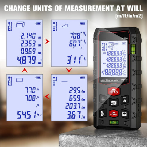 Laser Measure 196ft, Charcity Laser Distance Meter 60M(M/in/F) with 2 Bubble Levels, Mute Function IP54 Waterproof Large LCD Backlit, for Pythagor...