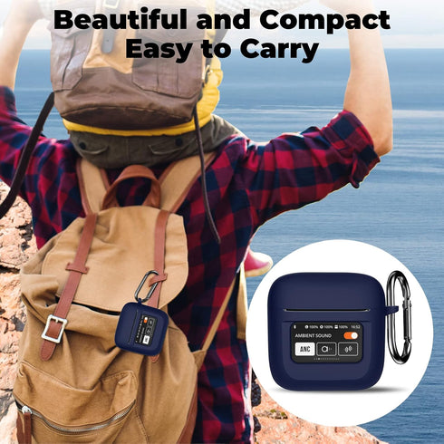 Case Cover for JBL Tour Pro 2, Dark Blue Silicone Protective Shockproof Earbuds Case with Keychain, 2023 Compatible, LCD Touch Screen Visible, Wat...