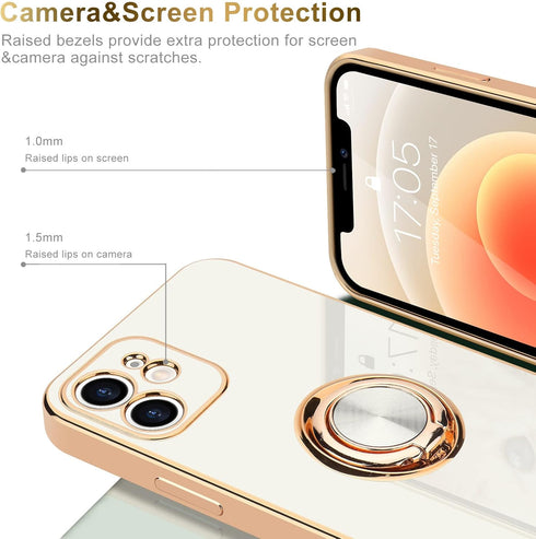 for iPhone 12 Phone Case with 360° Rotatable Finger Ring Holder Kickstand Magnetic Shiny Gold Plated Edge for Women Men Shockproof Soft TPU Protec...