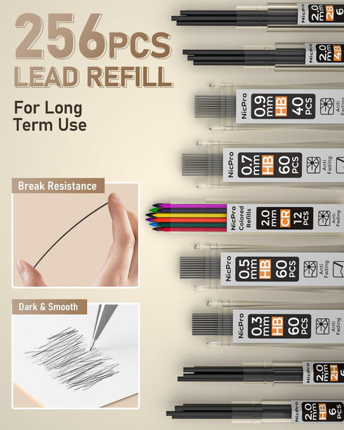 Nicpro 5 PCS Art Mechanical Pencils Set, Metal Drafting Pencil 0.3 & 0.5 & 0.7 & 0.9 & 2mm Graphite Lead Holder(4B 2B HB 2H Colored) for Sketching...