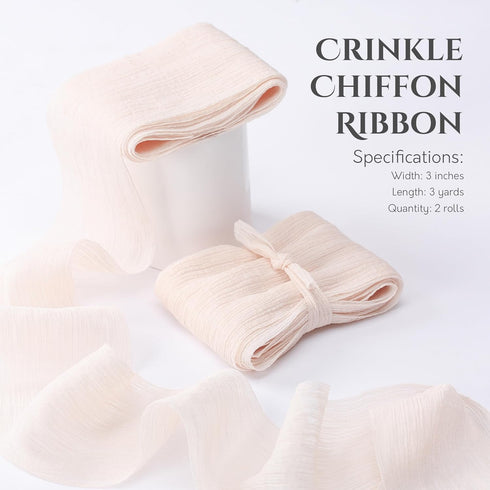Chiffon Crinkle Ribbon for Wedding Decor 3 inch Handmade Fabric Silk Nude Ribbon for Bridal Flower Bouquet Gift Wrapping 2 Rolls 6 Yd...