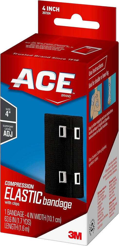 ACE 4 Inch Elastic Bandage with with Clips, Black, Great for Leg, Shoulder and More, 1 Count...