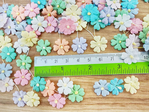 HukDok Mini Flowers with Thread Stem Mulberry Paper Flower Embellishment Card Craft Supplies Scrapbooking DIY Card Crafts Projects. (Pastel Tones)...