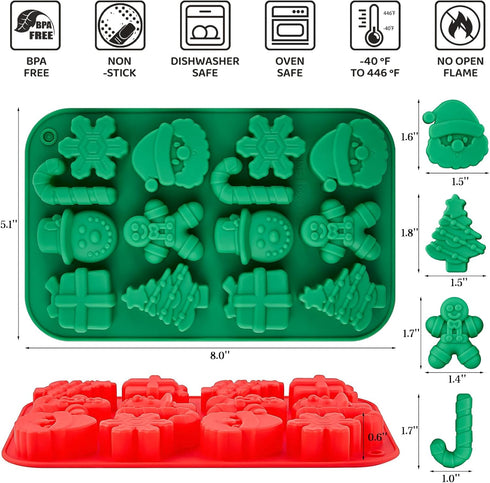 Christmas Silicone Chocolate Molds, 2PCS Holiday Gummy Candy Molds Santa Clause Christmas Tree Snowman Gingerbread Man Baking Molds for Jello, Ice...