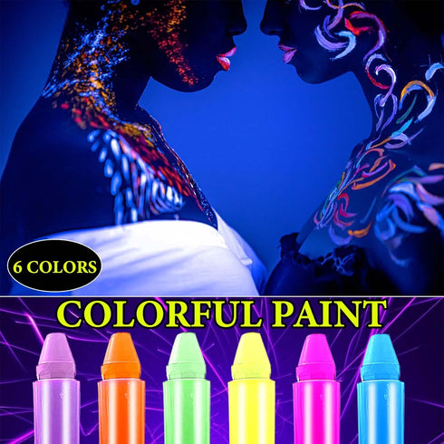 Glow in The Dark Party Supplies Face Body Paint Sticks 6 Pcs,Neon Face Body Paint Crayons Kit,Black Light Glow Halloween Makeup Kit for Masquerade...