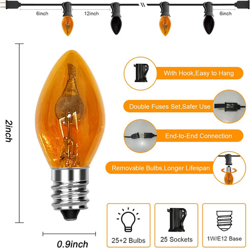 C7 Halloween String Lights,25FT Orange and Purple Halloween Lights with 27 Flickering Flame Light Bulbs(2 Spare) for Outdoor Garden Yard Home Hall...