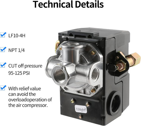 Air Compressor Pressure Switch Replacement LF10-4H with 95-125 PSI Range and 20A Rating, 4-Port...