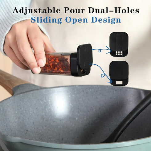 Spice Shakers with Rack,4 Set Small Spice Containers with Adjustable Pour Dual Holes,Sliding Open Organizer Containers with Cotton Brush,Clear Spi...