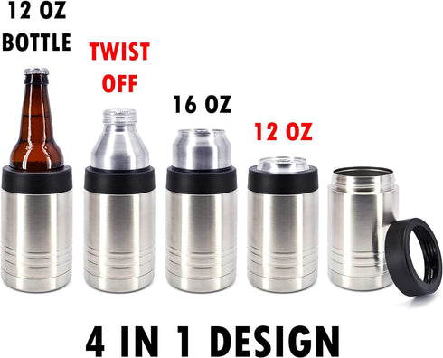 4-in-1 Stainless Steel 12 oz Double Wall Vacuum Insulated Can or Bottle Cooler Keeps Beverage Cold for Hours - Also Fits 16 oz Cans - Stainless St...