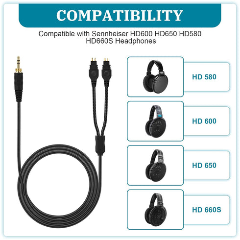 Replacement Audio Cable Cord Compatible with Sennheiser HD600 HD650 HD580 HD660S Headphones, 3.5mm 1/8" Plug and 6.35mm 1/4" Adapter 6.6FT/2m...
