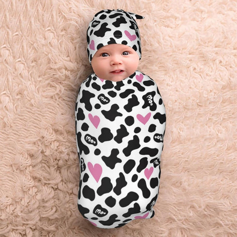 Cow Print Pink Heart Baby Stuff Newborn Swaddle and Hat Set Stretchy Soft Funny Baby Receiving Blanket Gifts for Infant Baby Boy Girl...