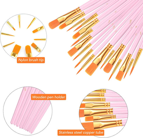 AROIC Acrylic Paint Brushes, 6 Packs/60 pcs Nylon Hair Paint Brush Set for All Purpose Oil Watercolor Painting Artist Professional Kits (Pink)...