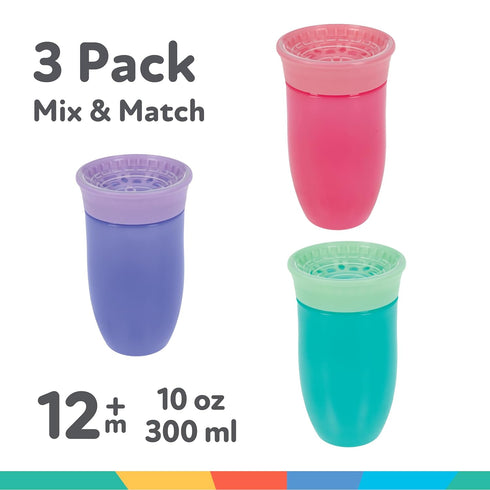 Nuby Wonder Cup with 360 Smart Edge Silicone Rim - (3-Pack) 10 oz - Aqua/Purple/Pink...