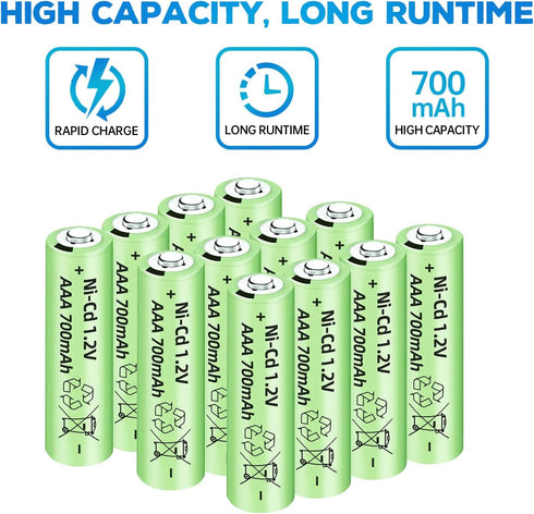 12PCS 1.2V 700mAh Ni Cd AAA Battery Suitable for Wireless Microphones, Electric Toys, Remote Mice, Calculators, Razors, Keyboards, Household Appli...
