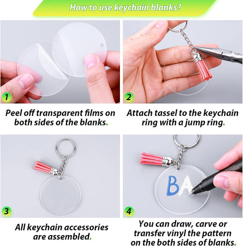 200Pcs Blank Keychains for Vinyl, Acrylic Keychain Blanks Bulk with 5 Shapes Clear Acrylic Disc Leather Tassel Charms Key Chains Jump Ring for DIY...