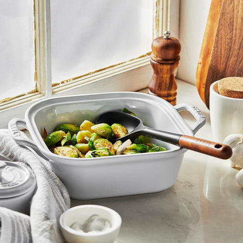 STAUB Serving Spoon, Great for Scooping Sides and Serving Hearty Stews, Durable BPA-Free Matte Black Silicone, Acacia Wood Handles, Safe for Nonst...