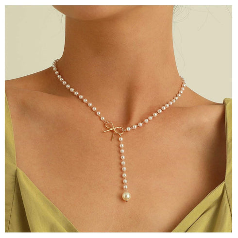 Boho Pearl Y Lariat Necklace Chain Pearl Beaded Choker Necklace Bow Knot Necklace Choker Pearl Y Drop Necklace Chain Jewelry for Women and Girls...