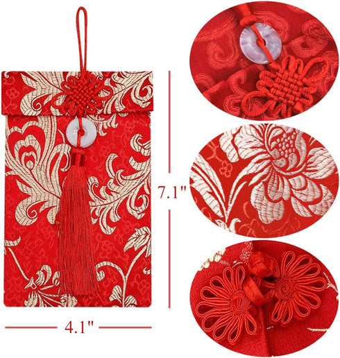4 Pcs Silk Red Envelopes Lucky Money Pockets Hongbao Chinese Element Invitation Envelop for Wedding, New Year, Spring Festival...