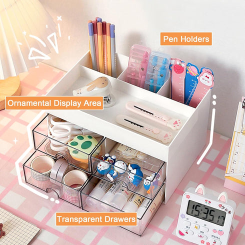 Desk Organizer and Accessories with 4 Compartments and 4 Drawers, Plastic Makeup Organizer, Pen Holder for Desktop Storage, Desk Organization for ...