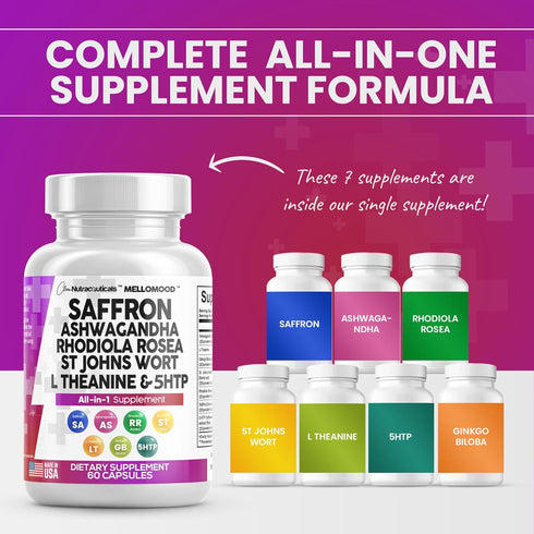 Clean Saffron Supplements with Ashwagandha 8000mg - Mood Support with L-Theanine 200mg, Ginkgo Biloba 6000mg, St. John's Wort 6000mg, Rhodiola Ros...