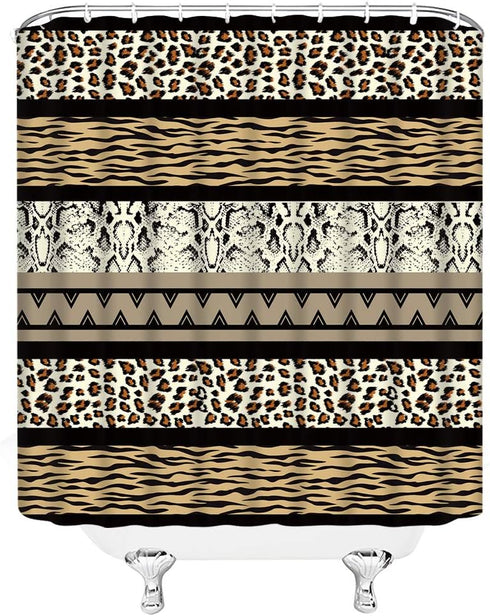 Brown Leopard Print Shower Curtain Cheetah African Animal Leopard Skin Print Geometric Stripes Patchwork Creative Art Bathroom Decor Fabric Curtai...