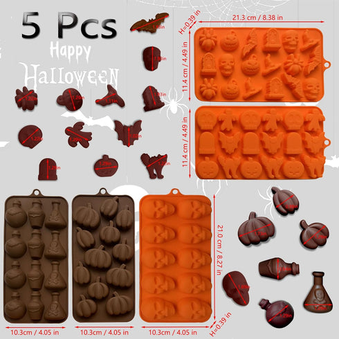 5PCS Halloween Themed Silicone Molds,Acxydm 70 Cavity 3D Skeleton Pumpkin Ghost Bat Tomb Spider Shape Halloween Chocolate Mold,Halloween Silicone ...