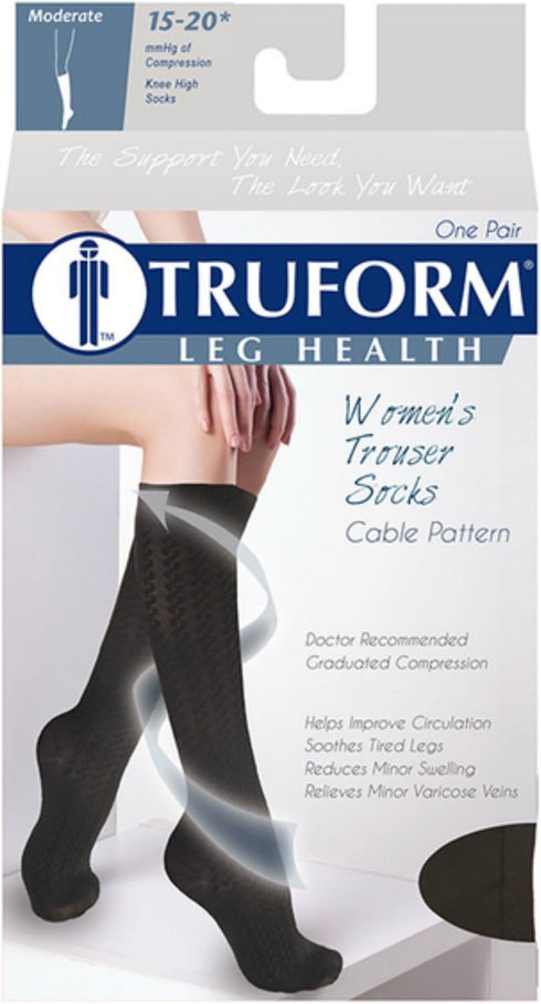 Truform Compression Socks, 15-20 mmHg, Women's Dress Socks, Knee High Over Calf Length, Black Cable Knit, Small...