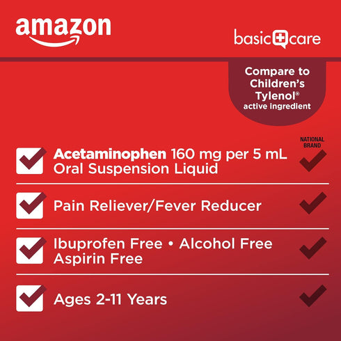 Amazon Basic Care Children's Pain Reliever Oral Suspension Liquid, Bubblegum Flavor, Acetaminophen 160 mg per 5 ml, Effective, Fever Reducer for A...