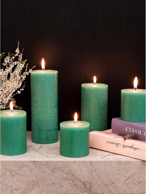 CANDWAX 3x3 Pillar Candles Set of 3 - Rustic Unscented No Drip Green Candles for Home Decor, Weddings, Centerpieces...