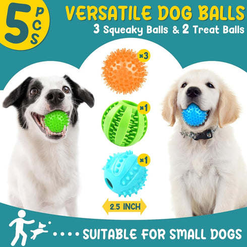 Puppy Toys Dog Balls, 5 Pack Interactive Dog Toys, 2.5" Squeaky Balls and Treat Balls, Dog Puzzle Toy for Teething Small Dogs and IQ Training...