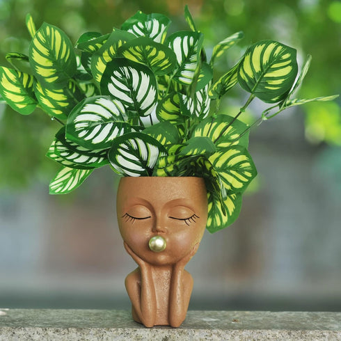 Planters for Indoor Plants Cute Lady Bubble Blowing Head Planter Resin Face Planters Flower Pot with Drainage Hole (Black)...