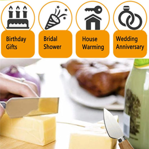 6-Piece Cheese Knife Set, Cheese Knives Cheese Knife Set Wooden Handle Stainless Steel Cheese Slicer Fork Spreader for Cheese Butter Pizza Cake Cu...