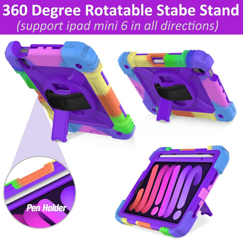 BMOUO iPad Mini 6 Case, iPad Mini 6th Generation Case, iPad Mini 6 Case 2021, Rugged Shockproof 360°Rotating Stand Hand Strap Pencil Holder Kids C...