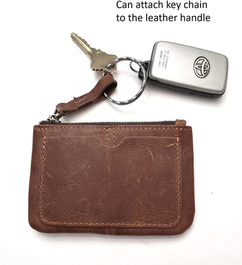 Genuine Leather Coin Purse Pouch for Women Men Vintage Cowhide Grain Leather Slim Mini Wallet Metal Zipper with Real Leather handle (Dark Brown)...