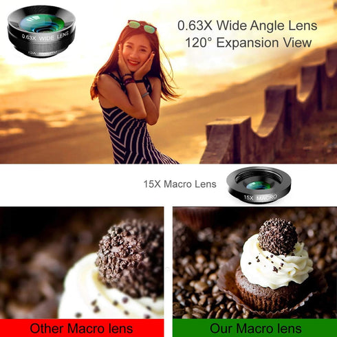 KINGMAS 3 in 1 Universal 198° Fish Eye Lens + 0.63X Wide-Angle Lens + 15X Macro Clip Camera Lens Kit for iPad iPhone Samsung Android and Most Smar...
