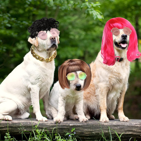 3 Pieces Dog Cosplay Wig, Cat Wigs, Dog Cosplay Costumes Accessories Include 3 Pieces Retro Pet Round Sunglasses and 1 Pieces Dog Chain Necklace, ...