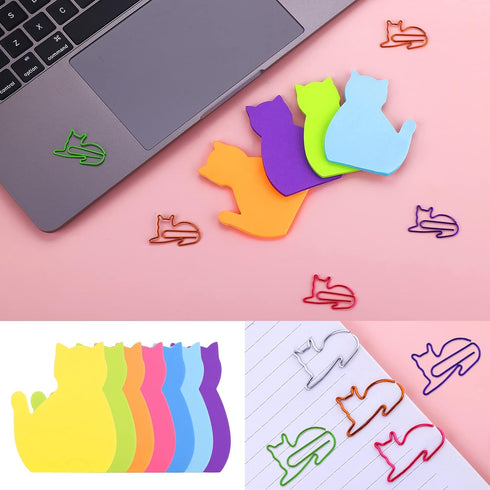 Cat Sticky Notes with Paper Clips, Cute Cat Self-Stick Notes Kawaii Cat Index Tabs Self-Stick Memo Pads Office Supplies 7 Pack 210 Sheets...