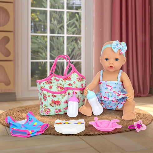 UNICORN ELEMENT 8 Pcs Baby Doll Clothes and Accessories, Baby Doll Feeding and Caring Set with Baby Doll Diaper Bag, Clothes, Diapers, Bottles, Pa...